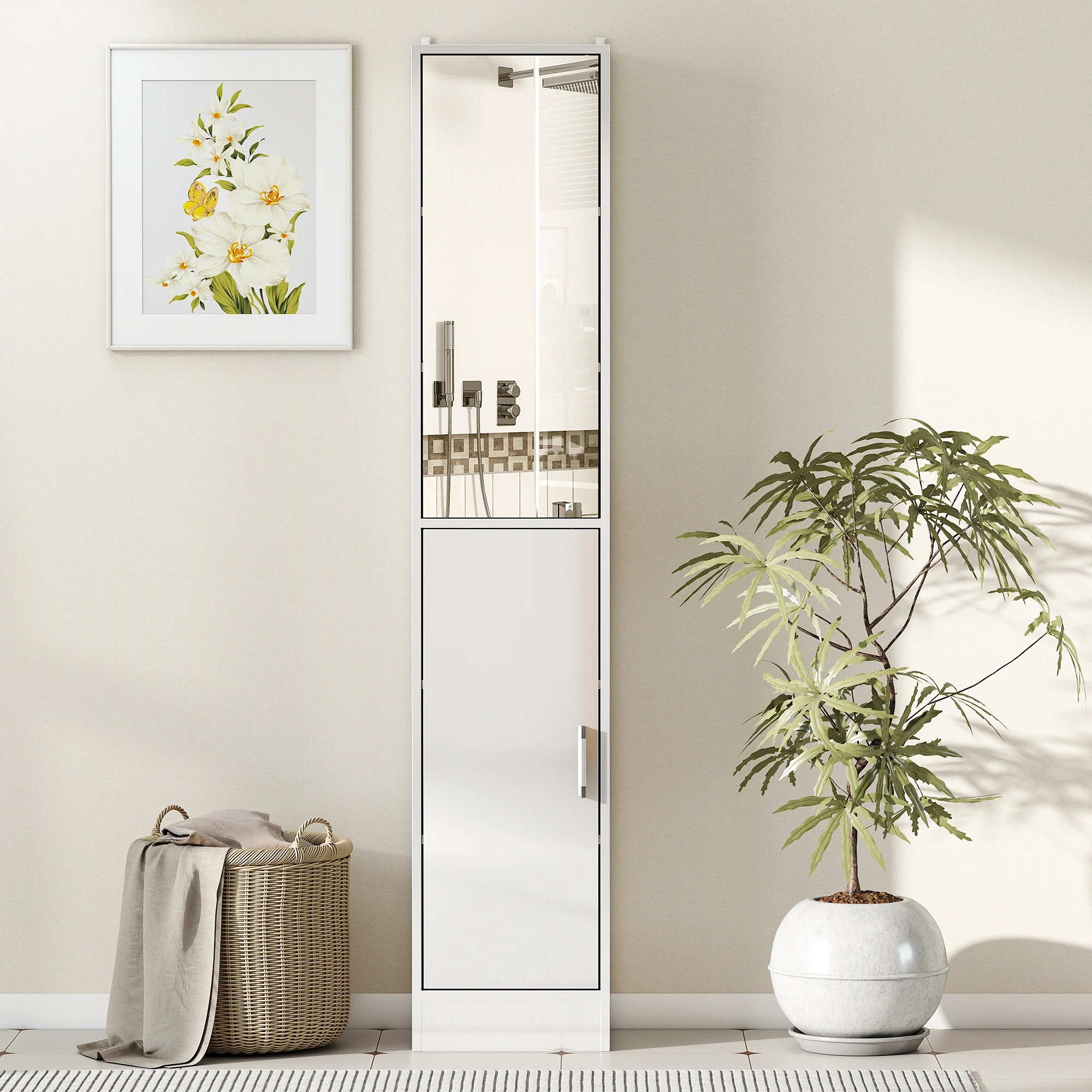 Kleankin Tall Bathroom Cabinet With Mirror, High Gloss White - Image 7