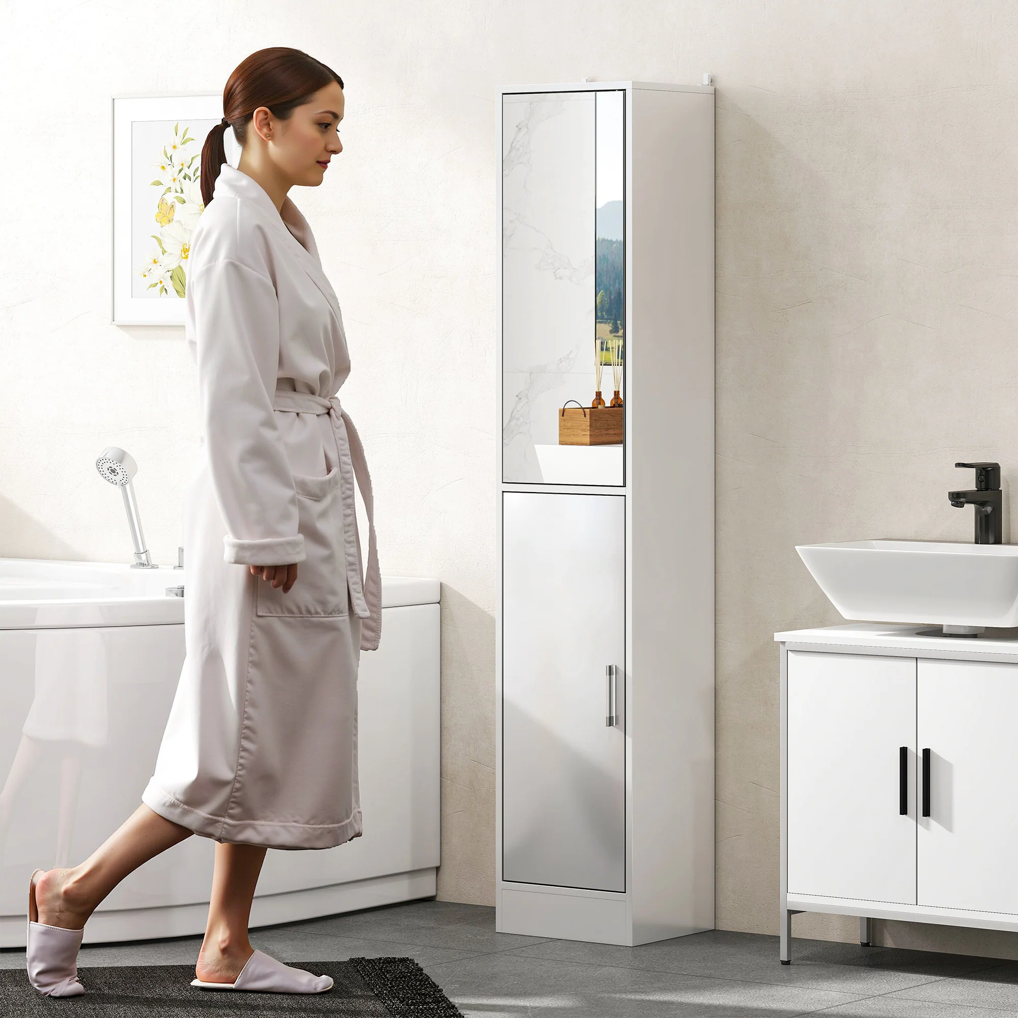 Kleankin Tall Bathroom Cabinet With Mirror, High Gloss White - Image 8