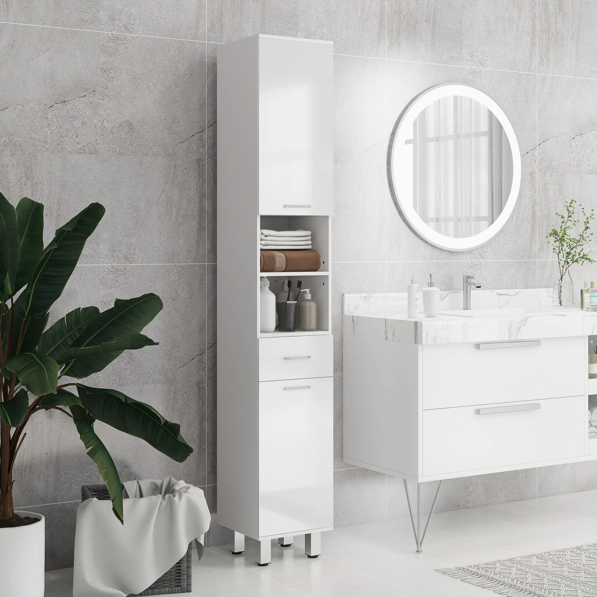 kleankin Tall Narrow Bathroom Storage Cabinet Cupboard w/ Cabinets, White - Image 2