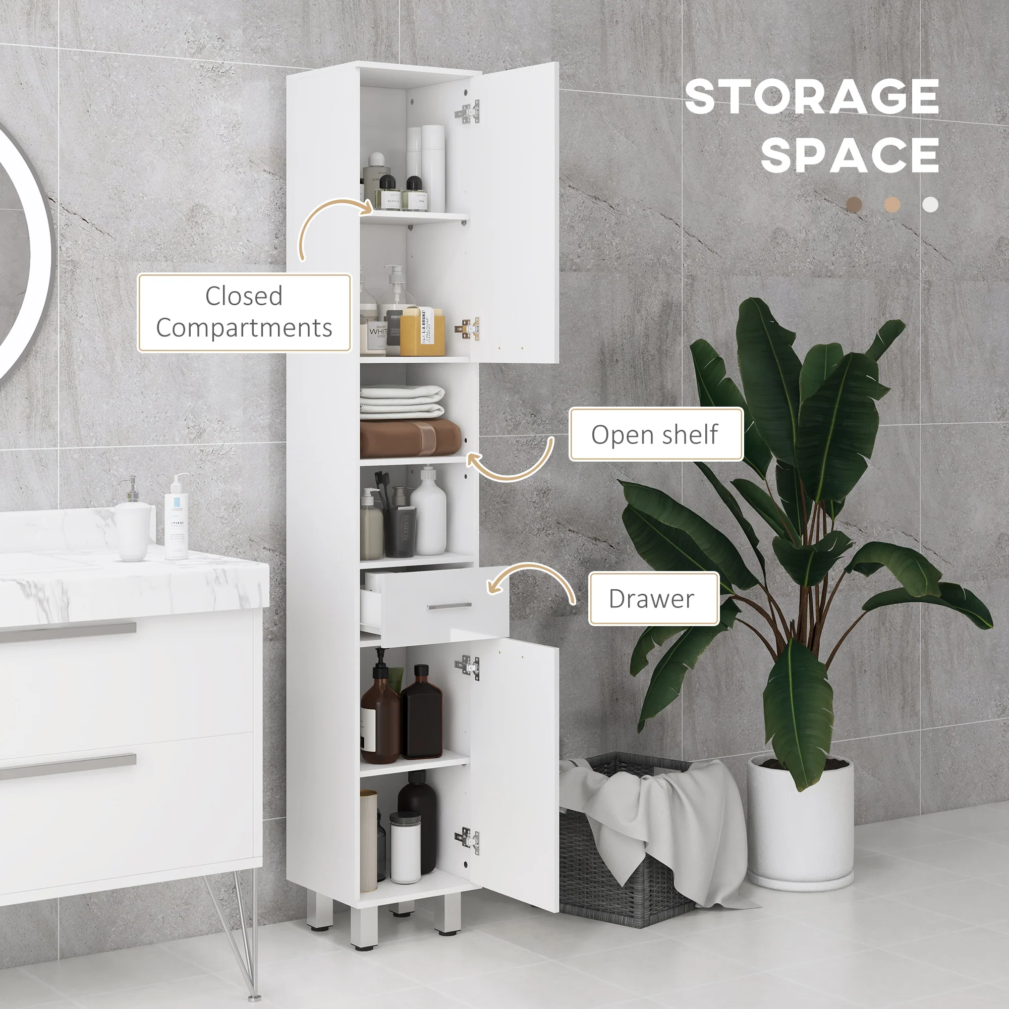 kleankin Tall Narrow Bathroom Storage Cabinet Cupboard w/ Cabinets, White - Image 3