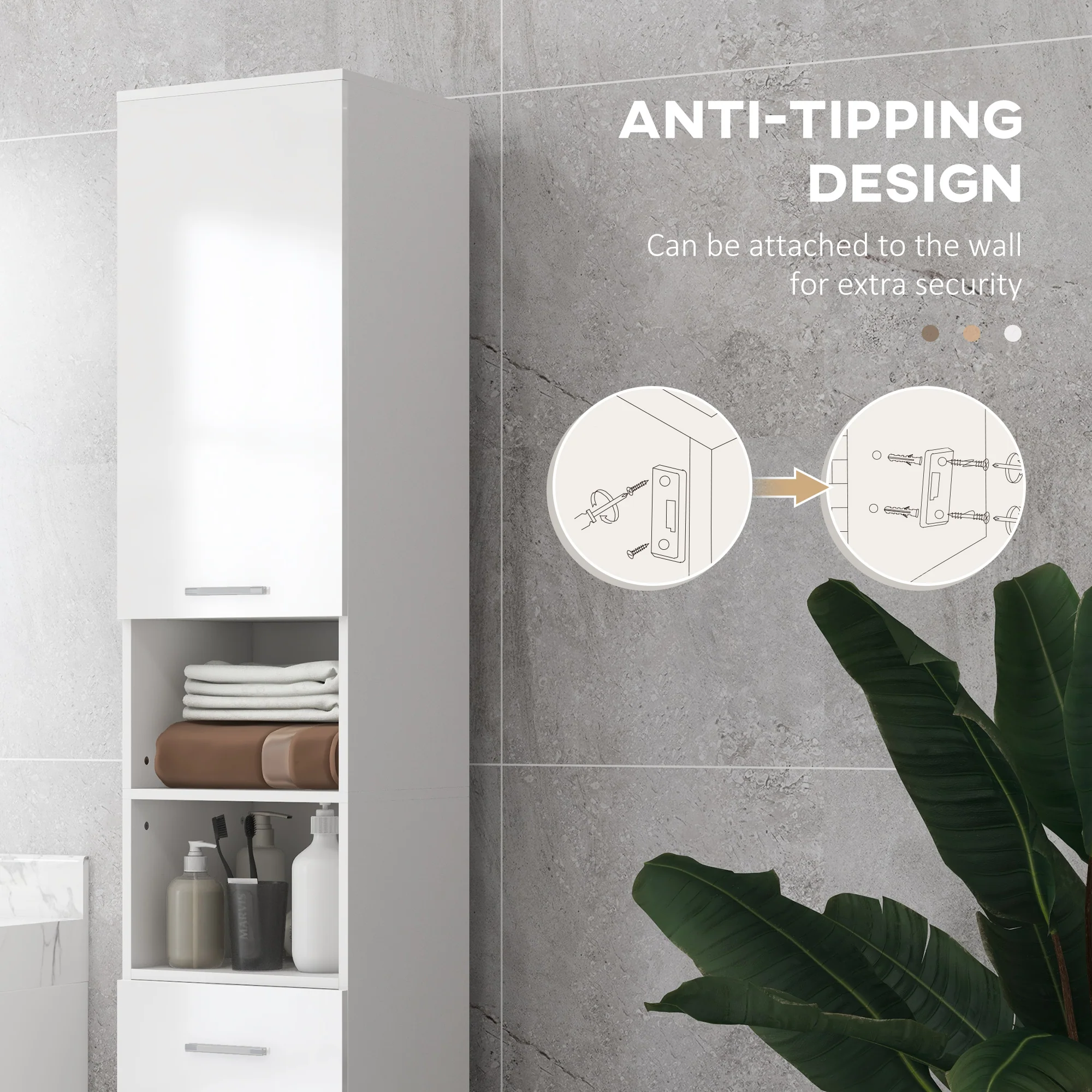 kleankin Tall Narrow Bathroom Storage Cabinet Cupboard w/ Cabinets, White - Image 4