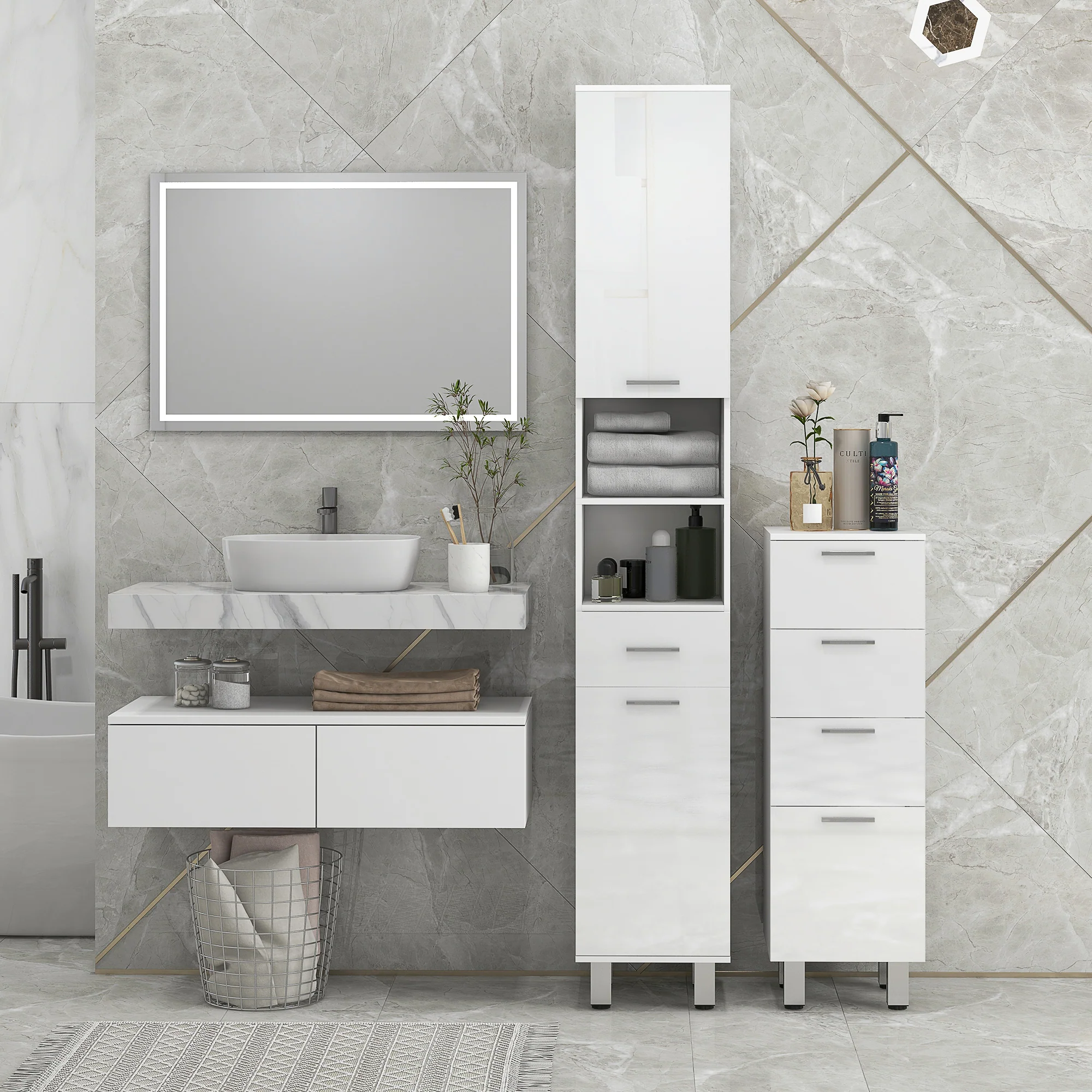 kleankin Tall Narrow Bathroom Storage Cabinet Cupboard w/ Cabinets, White - Image 7