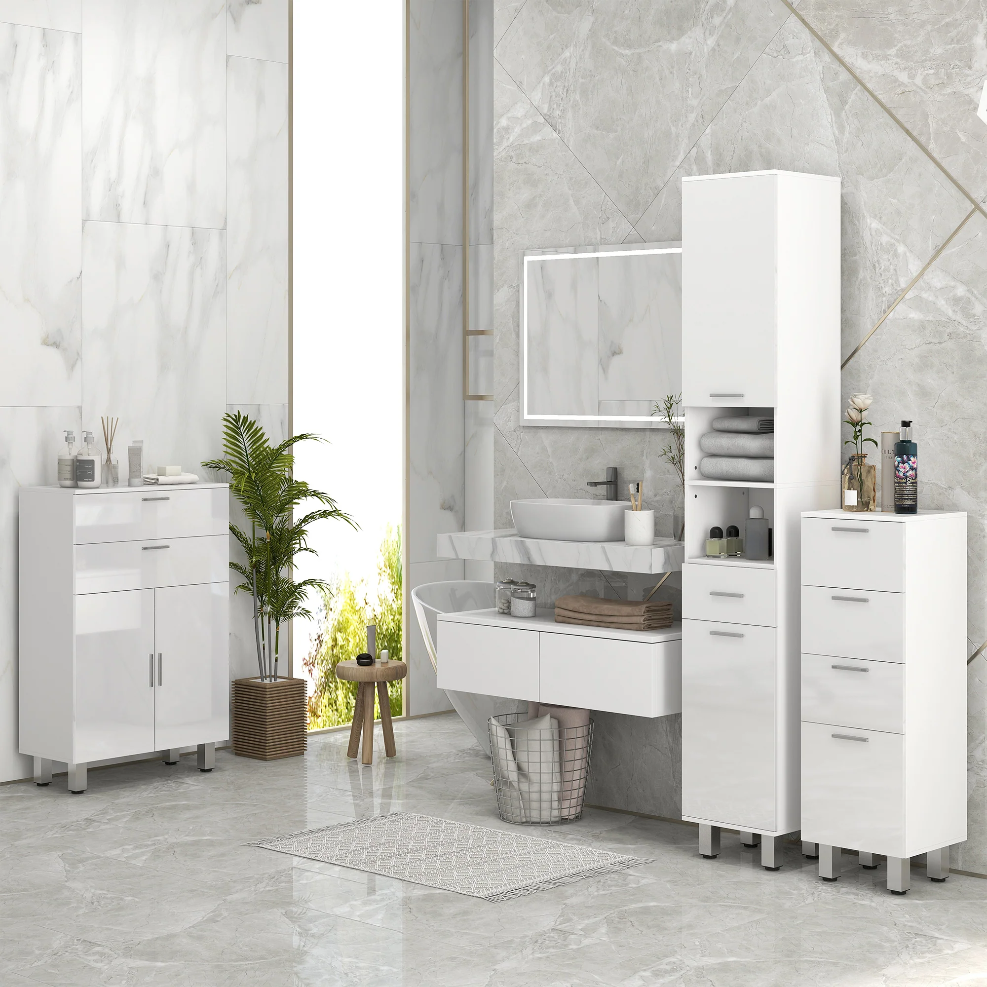 kleankin Tall Narrow Bathroom Storage Cabinet Cupboard w/ Cabinets, White - Image 8