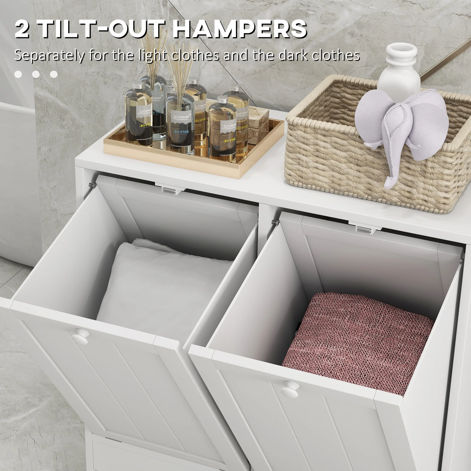 Kleankin Tilt-out Laundry Storage Cabinet With 2 Compartment Hampers, White - Image 3