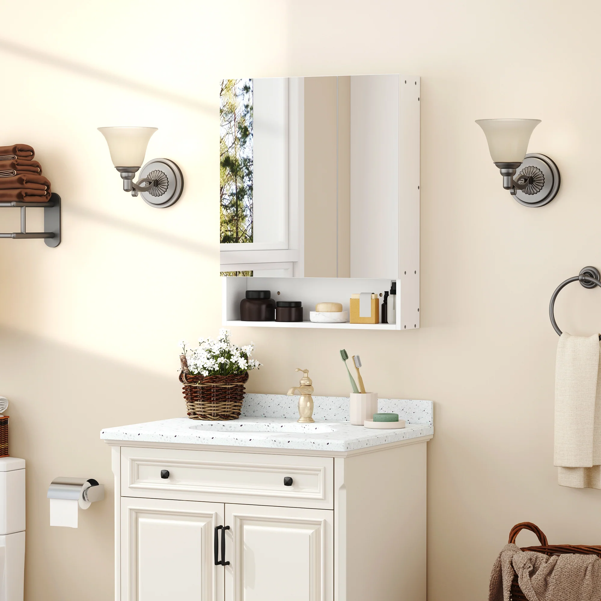 Kleankin Wall Mount Medicine Cabinet With Mirror And Adjustable Shelf, White - Image 2