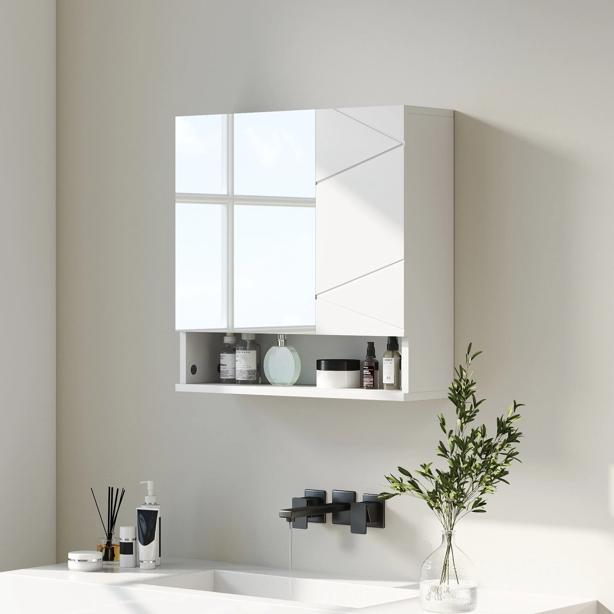kleankin Wall Mounted Bathroom Storage Cupboard W/ Mirror and Shelf, White - Image 2