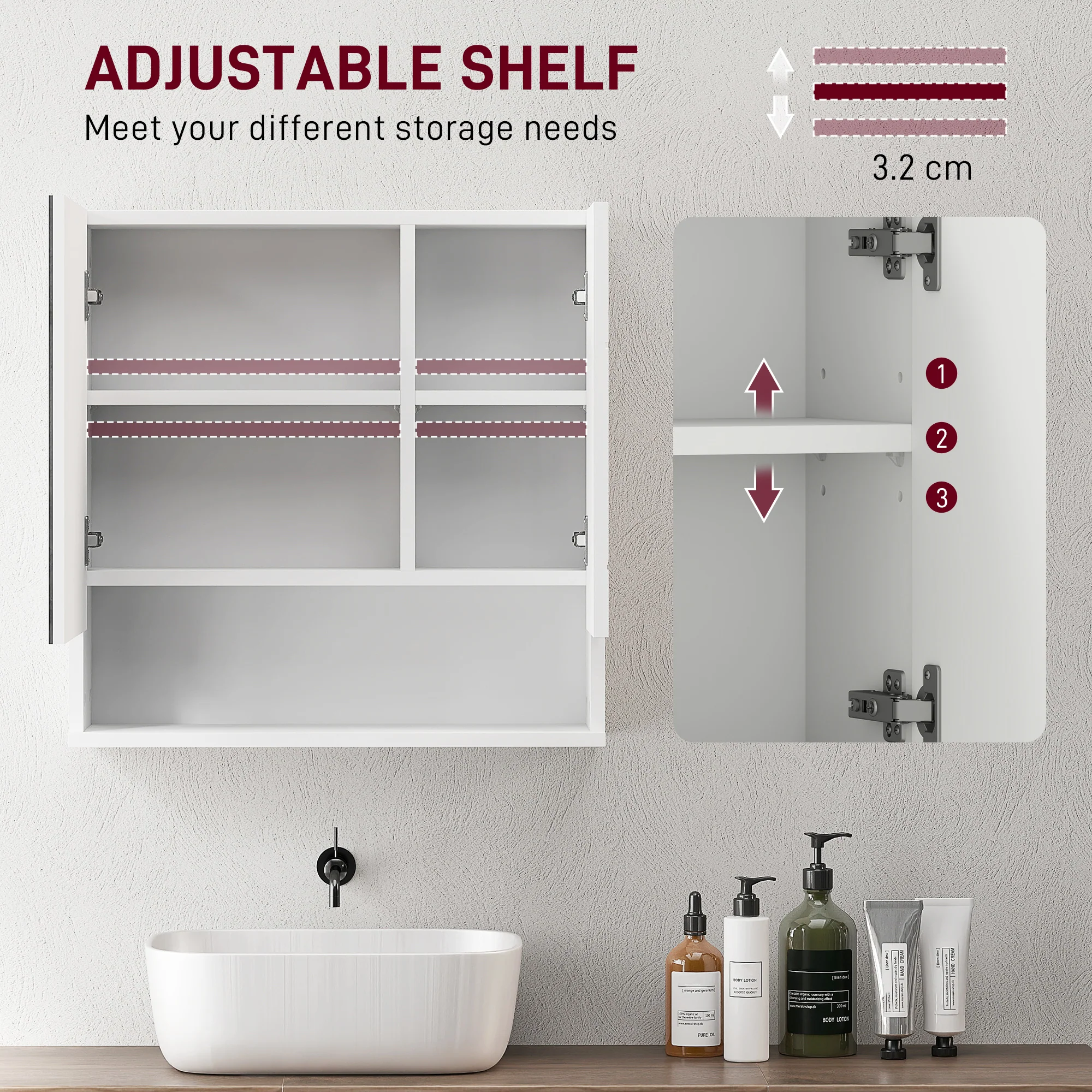 kleankin Wall Mounted Bathroom Storage Cupboard W/ Mirror and Shelf, White - Image 4