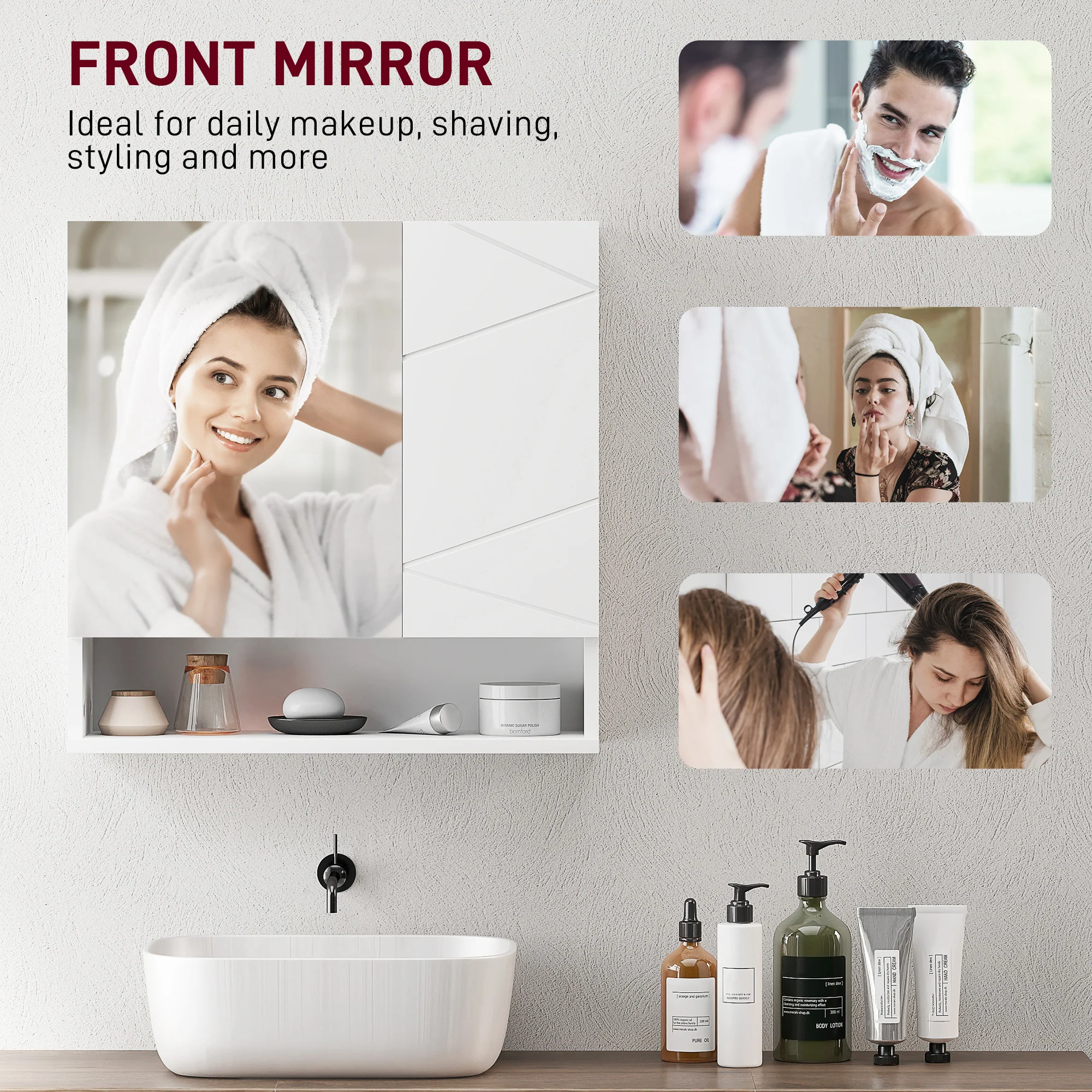 kleankin Wall Mounted Bathroom Storage Cupboard W/ Mirror and Shelf, White - Image 6