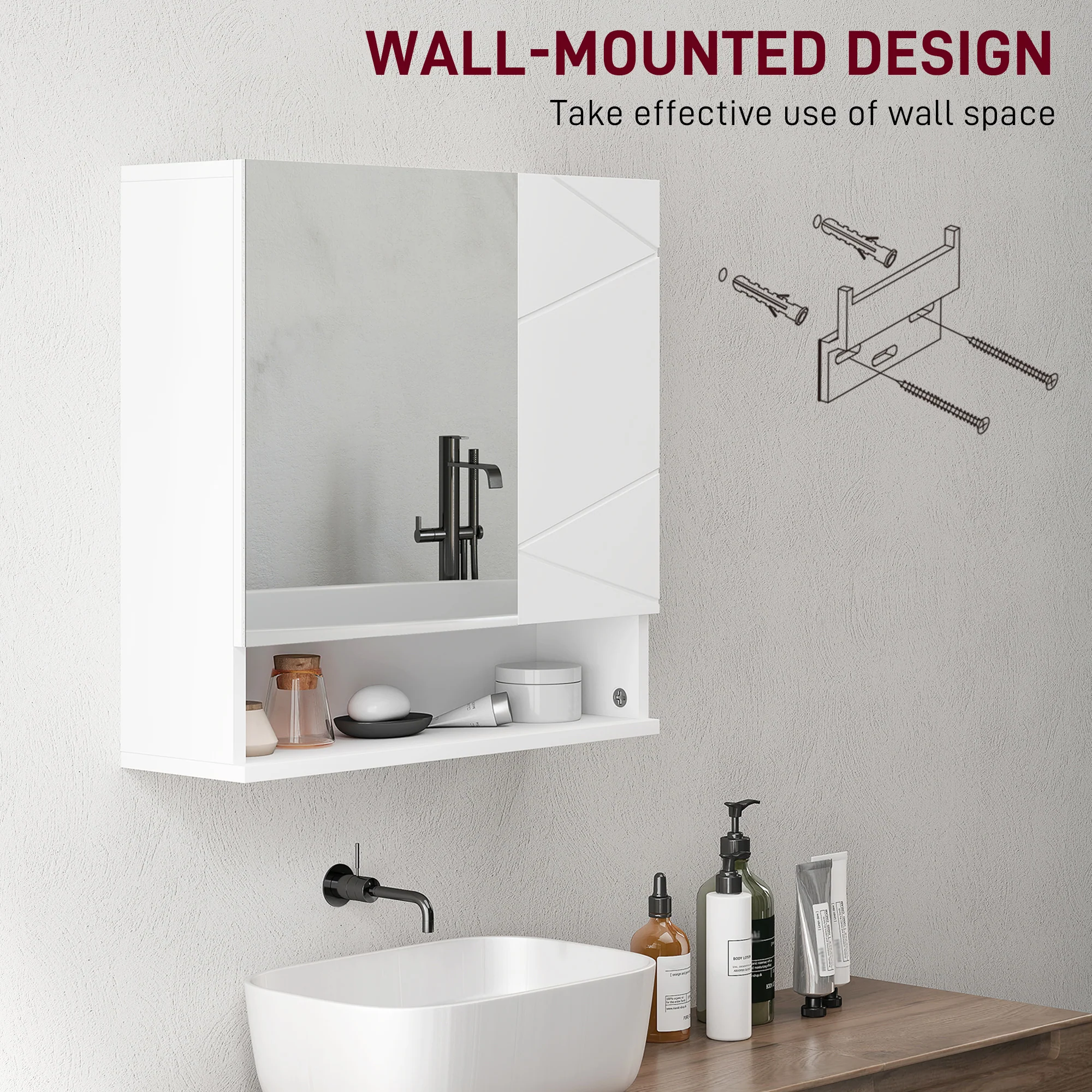 kleankin Wall Mounted Bathroom Storage Cupboard W/ Mirror and Shelf, White - Image 8