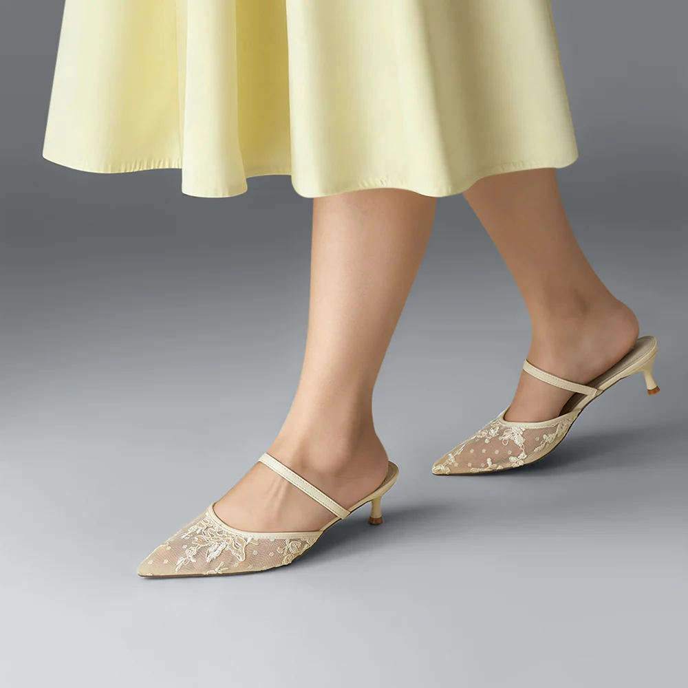 Lace Mesh Pointed Toe Heeled Mules Sandals - Beige - Image 2