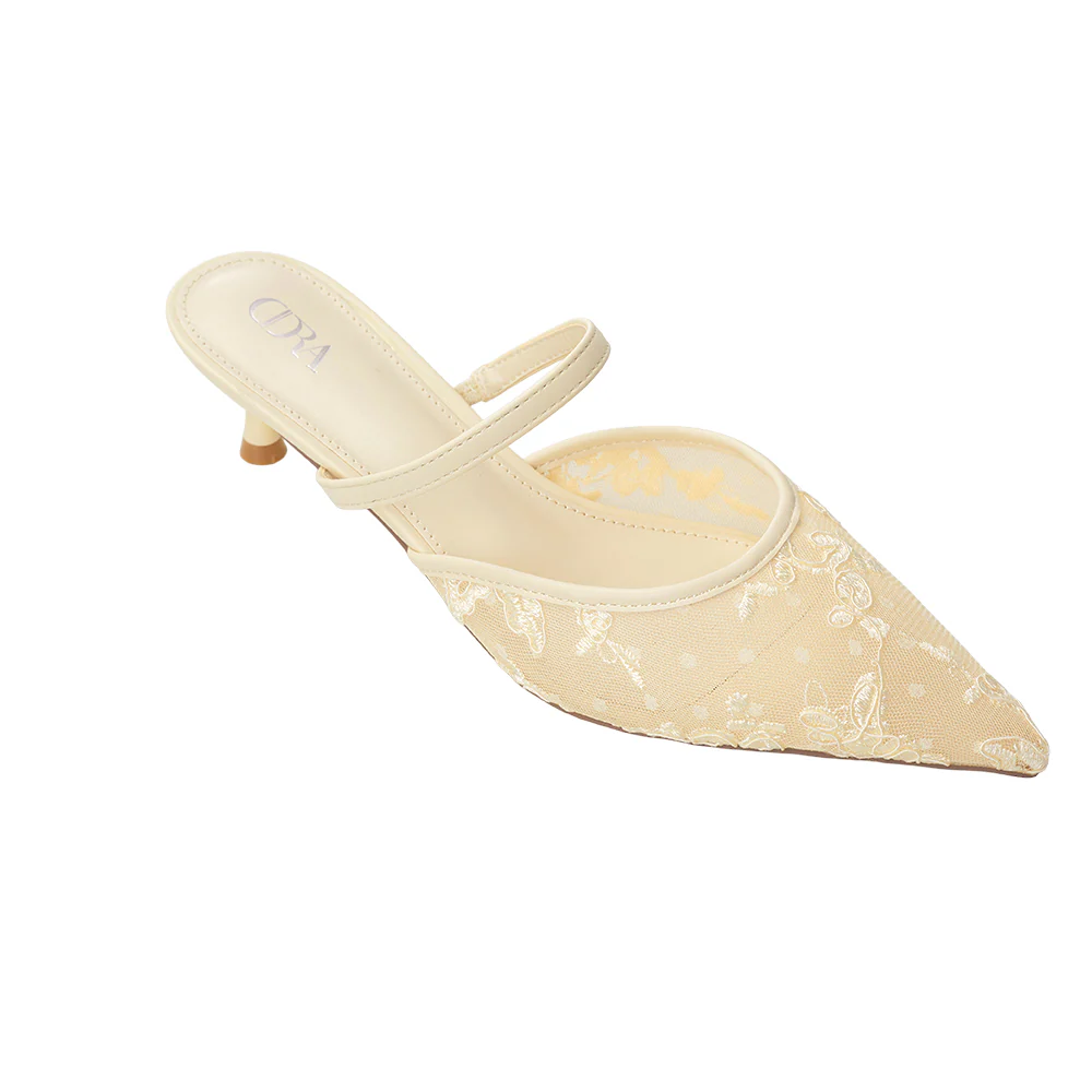 Lace Mesh Pointed Toe Heeled Mules Sandals - Beige - Image 4