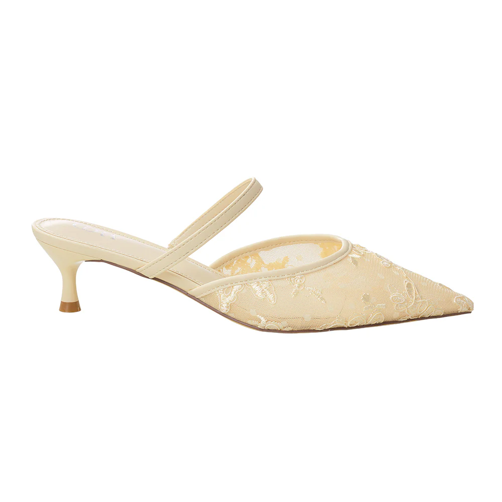 Lace Mesh Pointed Toe Heeled Mules Sandals - Beige - Image 5