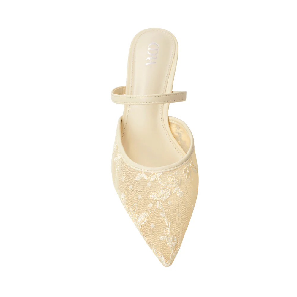 Lace Mesh Pointed Toe Heeled Mules Sandals - Beige - Image 6