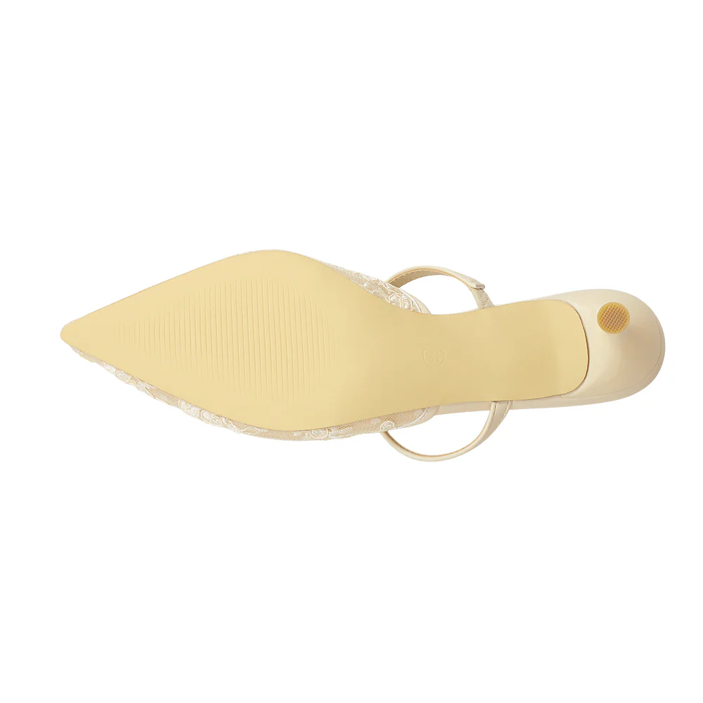 Lace Mesh Pointed Toe Heeled Mules Sandals - Beige - Image 7