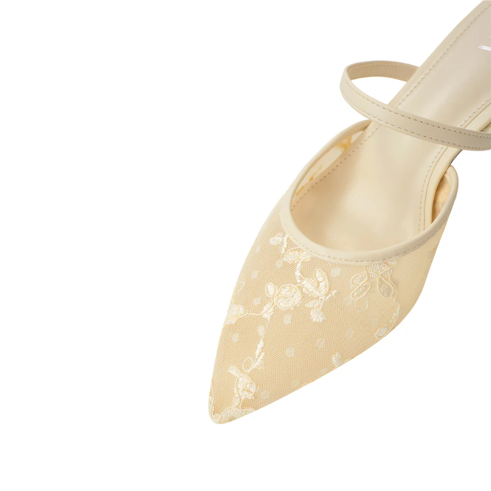 Lace Mesh Pointed Toe Heeled Mules Sandals - Beige - Image 8