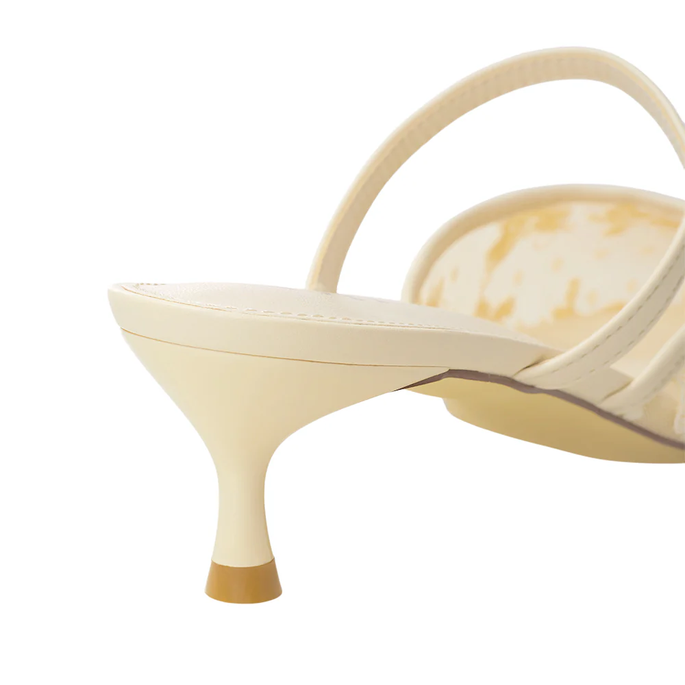 Lace Mesh Pointed Toe Heeled Mules Sandals - Beige - Image 9
