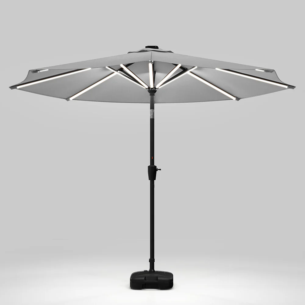 Large Solar Powered LED Patio Parasol Umbrella for Outdoor Garden Patio with Base Grey