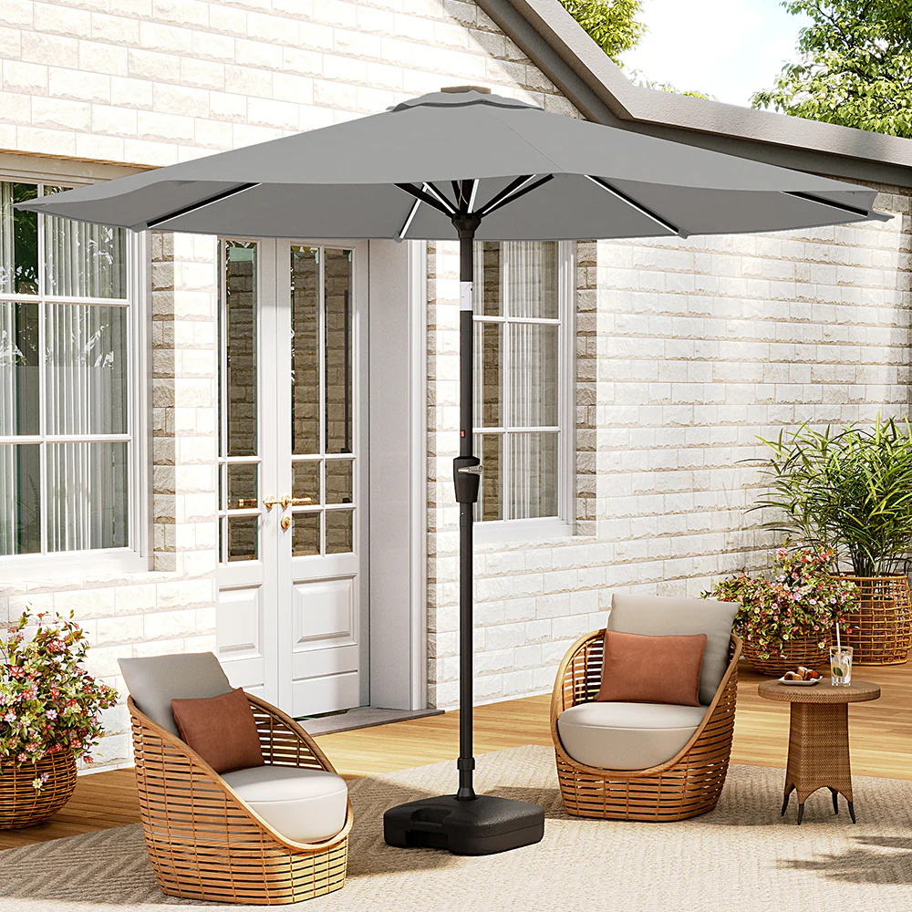 Large Solar Powered LED Patio Parasol Umbrella for Outdoor Garden Patio with Base Grey - Image 2