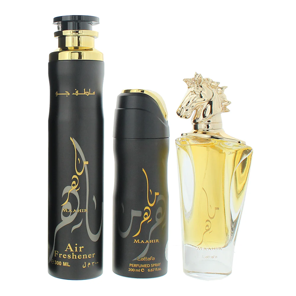 Lattafa Maahir 3 Piece Gift Set: Eau De Parfum 100ml - Air Freshener 300ml - Perfumed Body Spray 200ml - Image 2