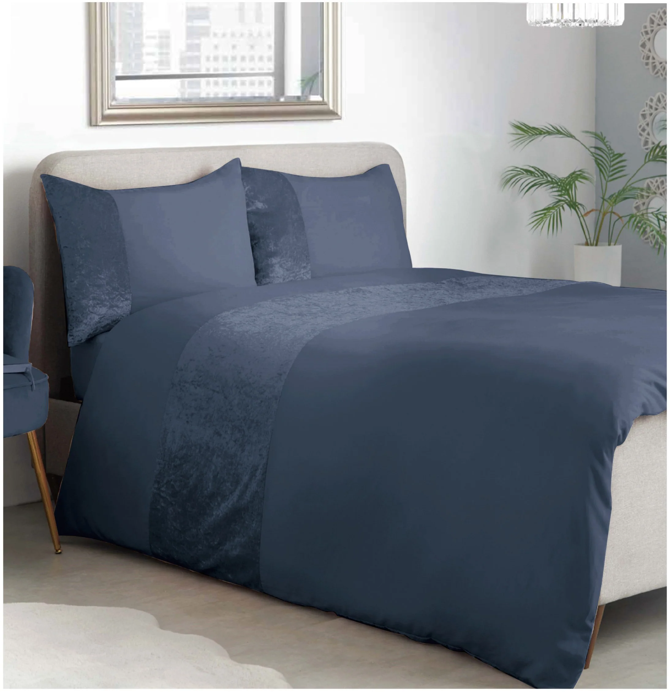 Lewis's Amelia Crushed Velvet Panel Duvet Set - Navy Blue