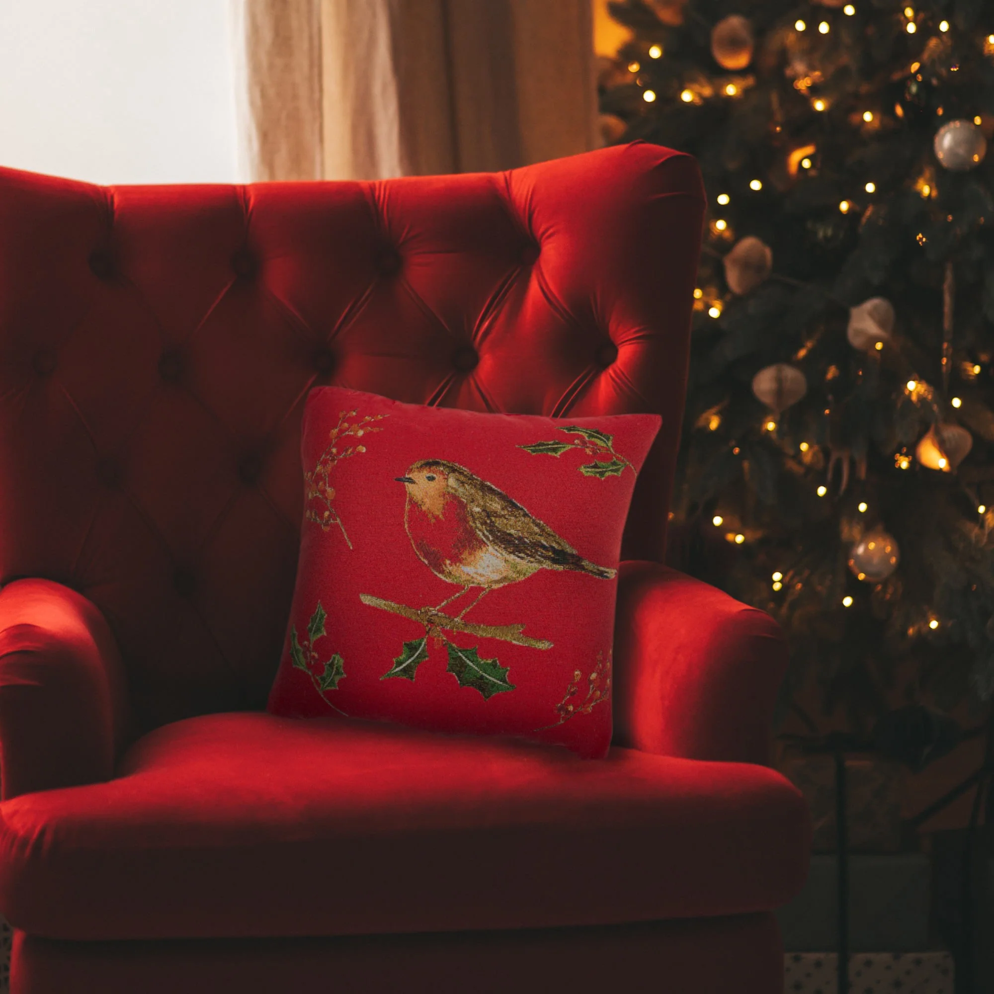 Lewis's Christmas Robin Cushion - Red - Image 2