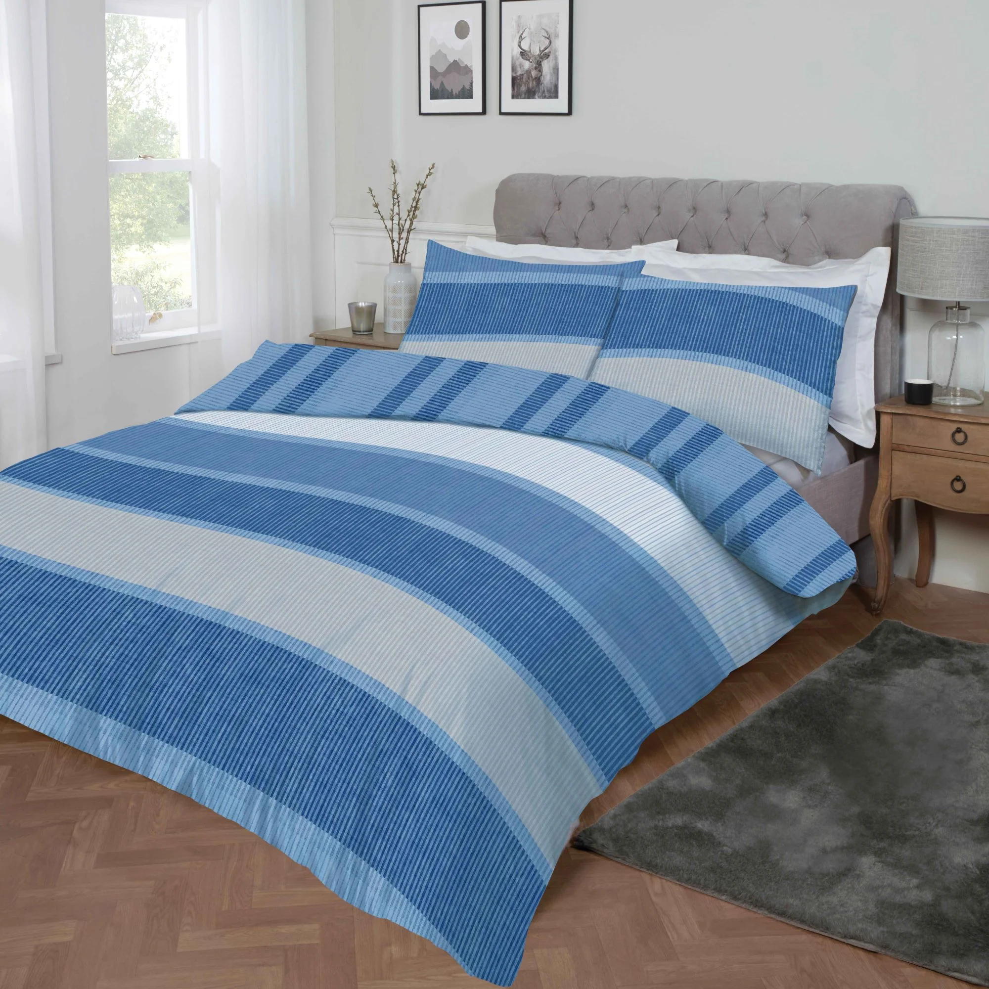 Lewis's Dalton Stripe Brushed Cotton Duvet Set - Blue - Image 2