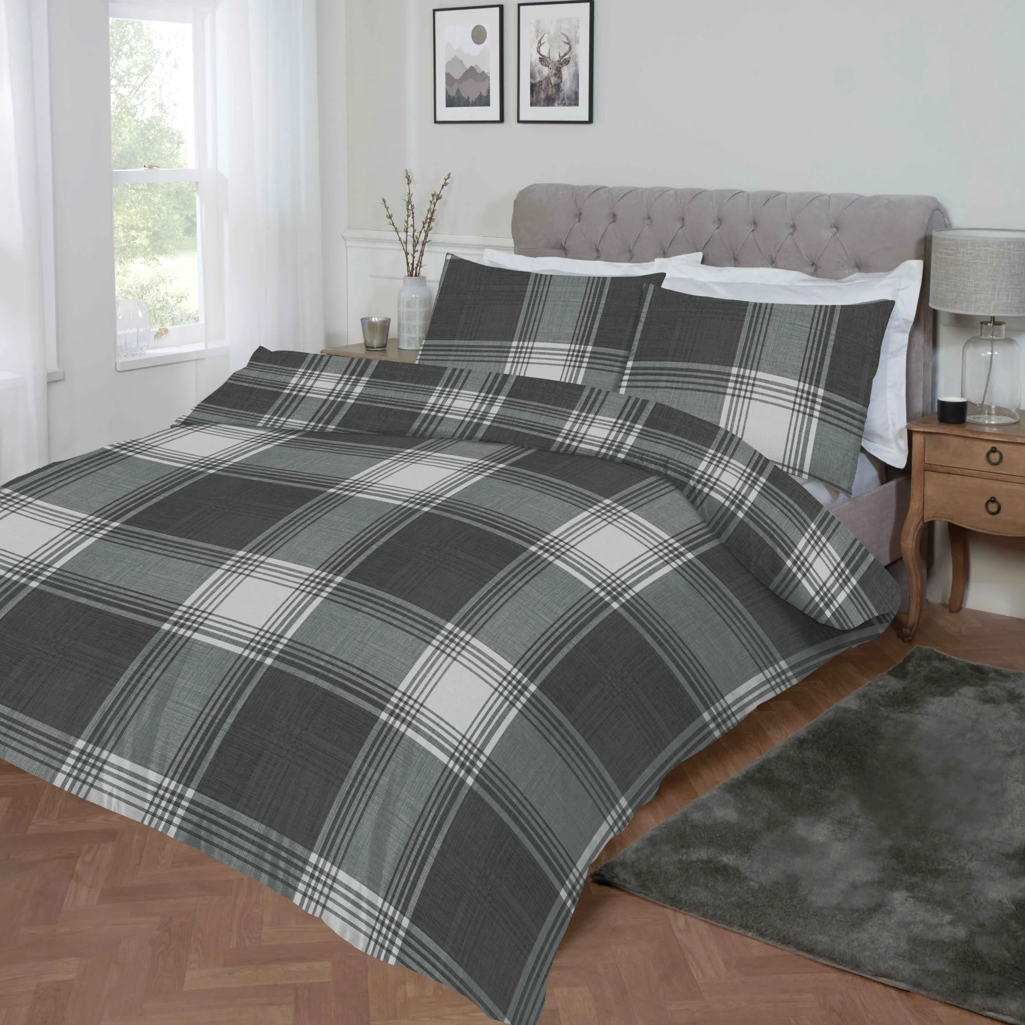 Lewis's Monroe Check Brushed Cotton Duvet Set - Grey - Image 2