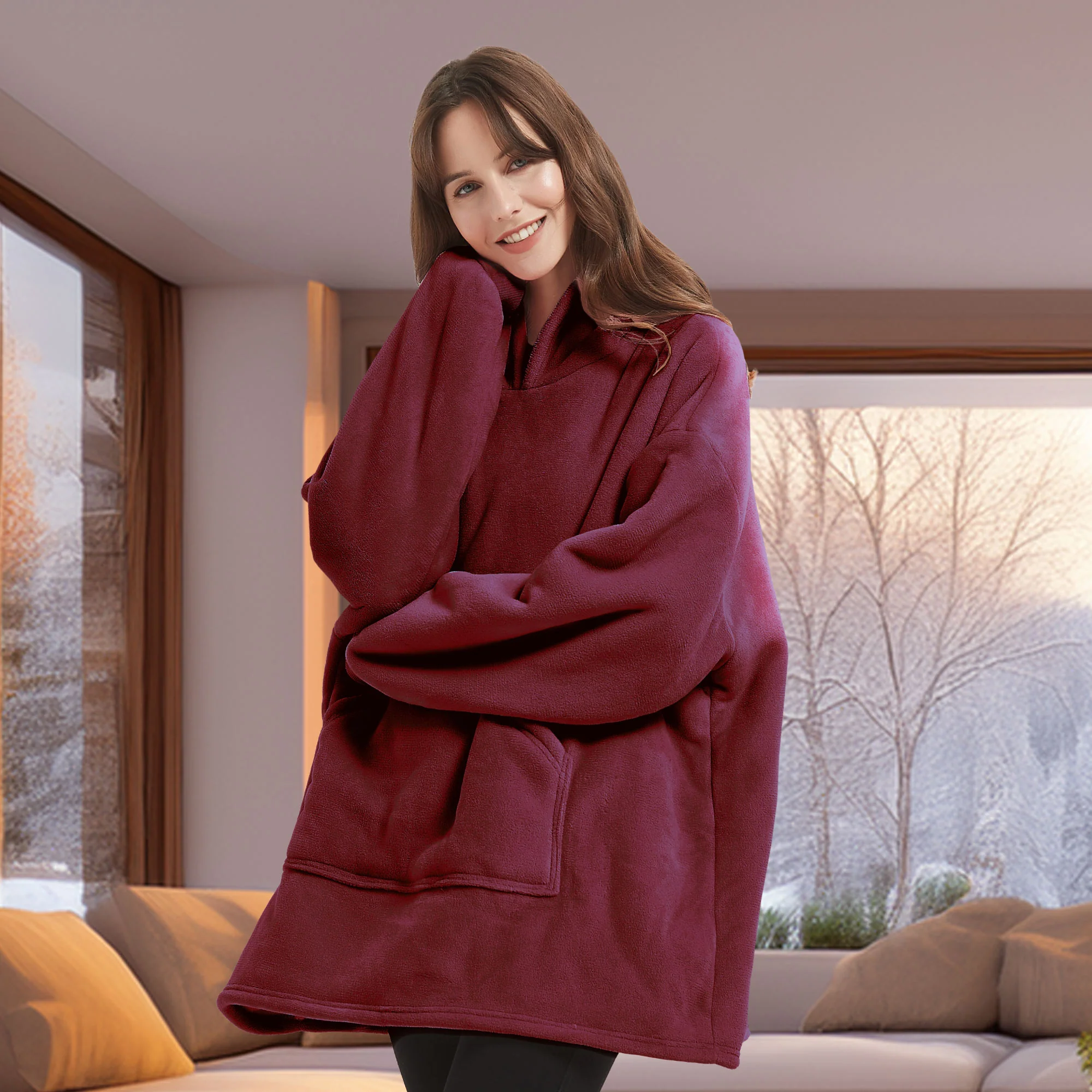 Lewis's Sherpa Fleece Lined Hooded Throw - Burgandy - Image 3