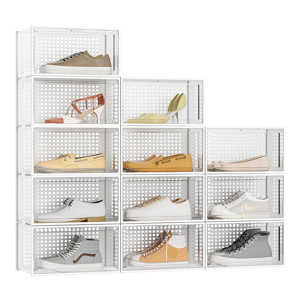 Lifeideas 12 Pack White Stackable Foldable Plastic Shoe Boxes - Image 3
