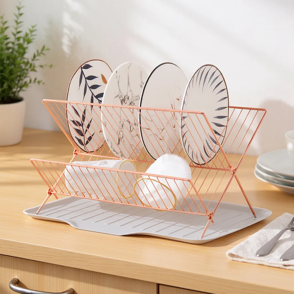Lifeideas 2-Tier Foldable Countertop Dish Drying Rack with Drip Tray - Image 2