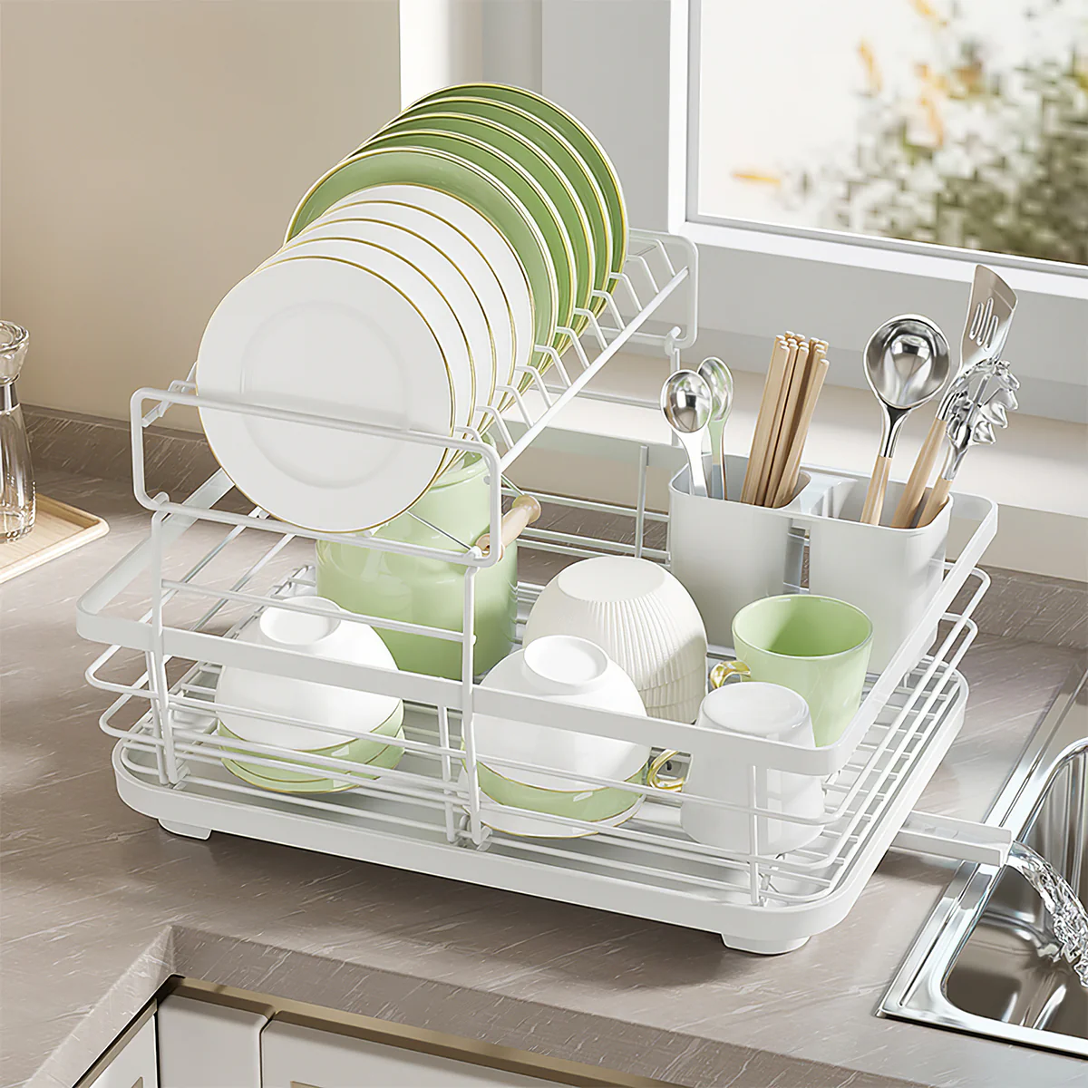Lifeideas 2-Tier Metal Dish Rack With Utensil Holder Dish Drainer For Kitchen Counter