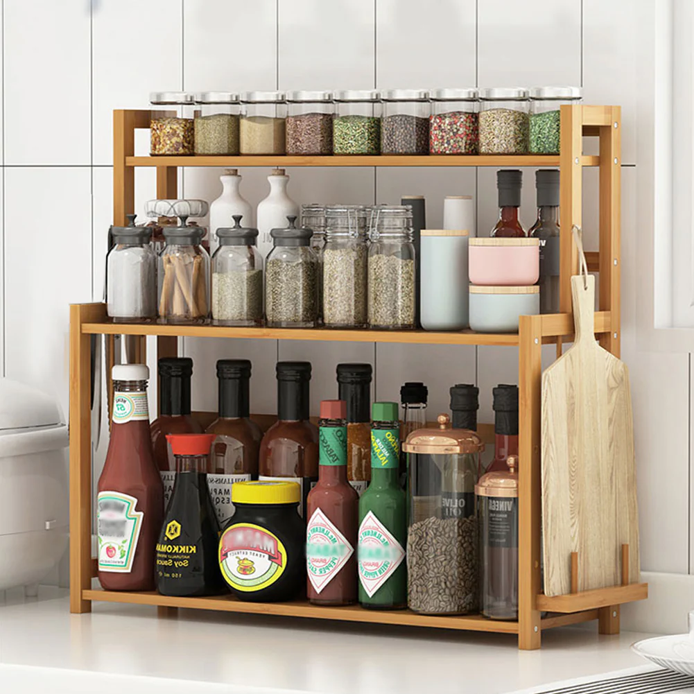 Lifeideas 3-Tier Freestanding Bamboo Spice Rack Storage Organizer with Knife Holder for Kitchen - Image 2