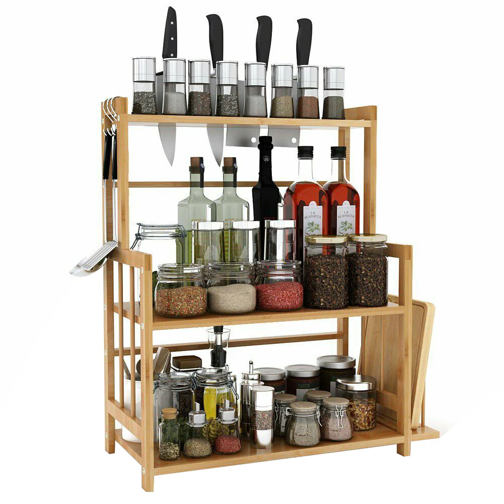 Lifeideas 3-Tier Freestanding Bamboo Spice Rack Storage Organizer with Knife Holder for Kitchen - Image 3
