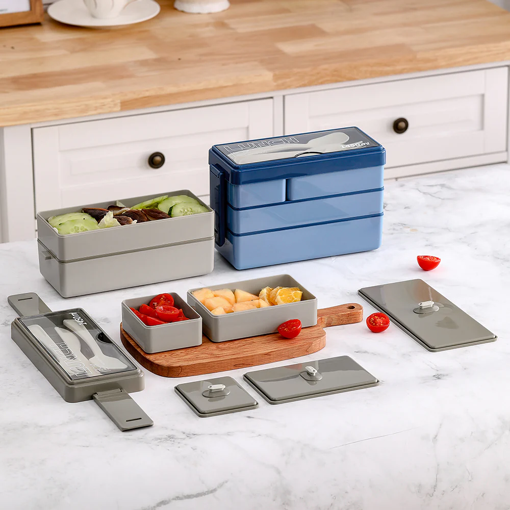 Lifeideas Bento-Style Plastic Lunch Box with Cutlery 3-Layer - Image 2