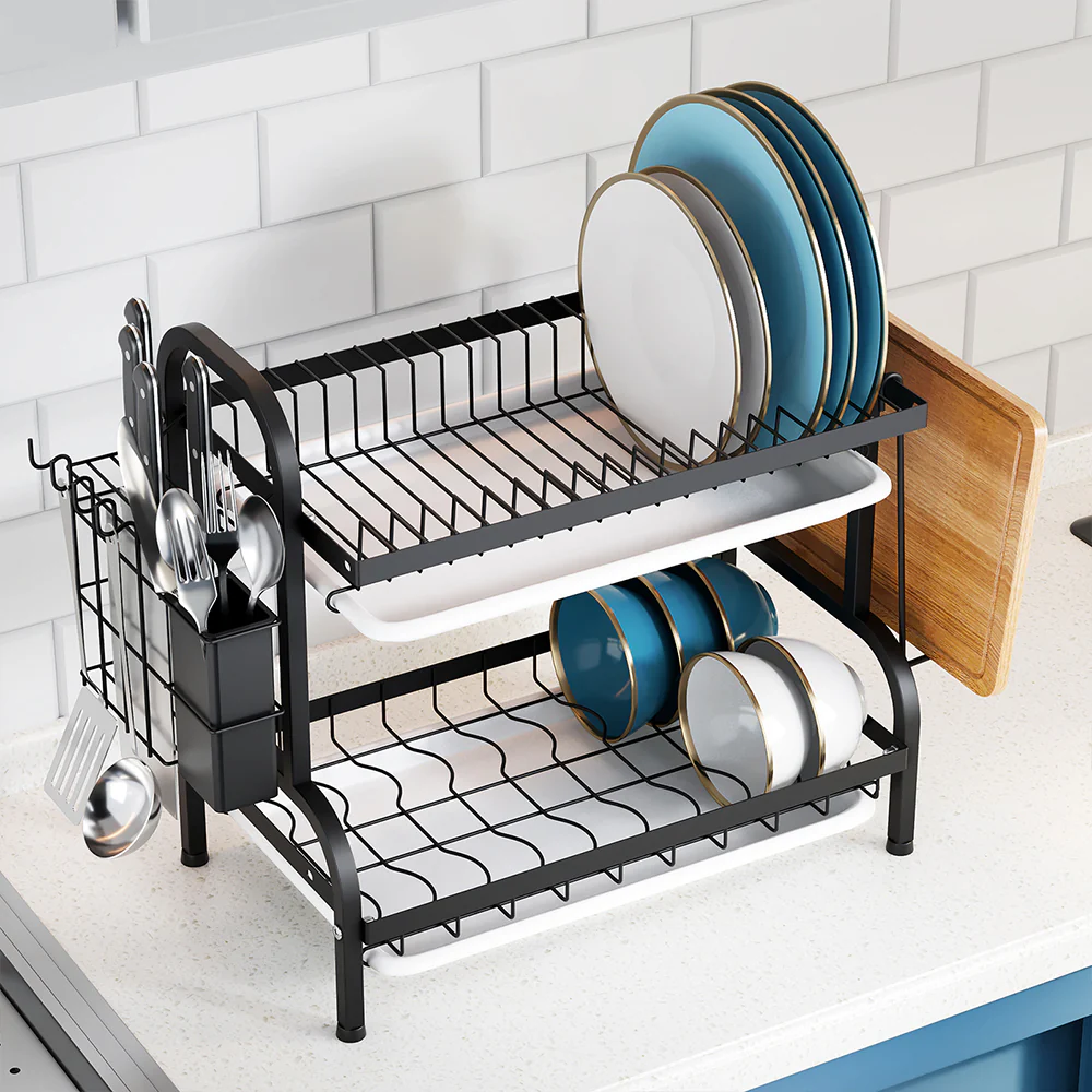 Lifeideas Black Steel Dish Drying Rack 2-Tier - Image 2