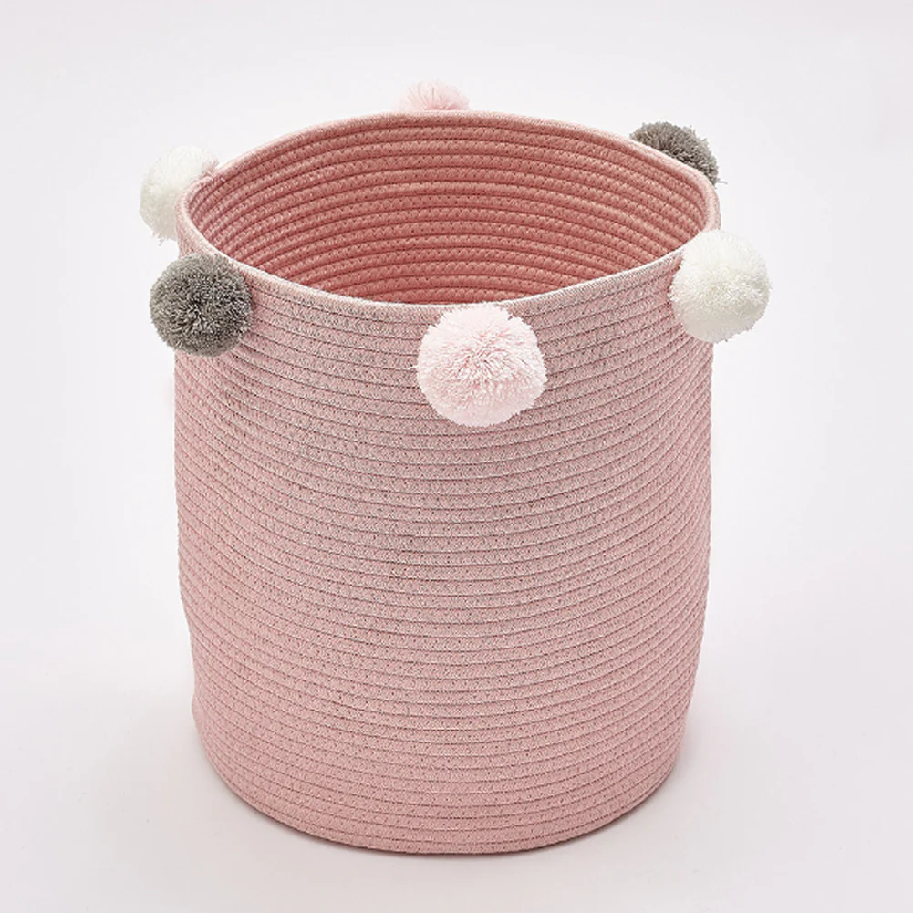 Lifeideas Cotton Rope Basket Woven Laundry Blanket Toy Basket Organizer with Pompom Living Room Pink - Image 3