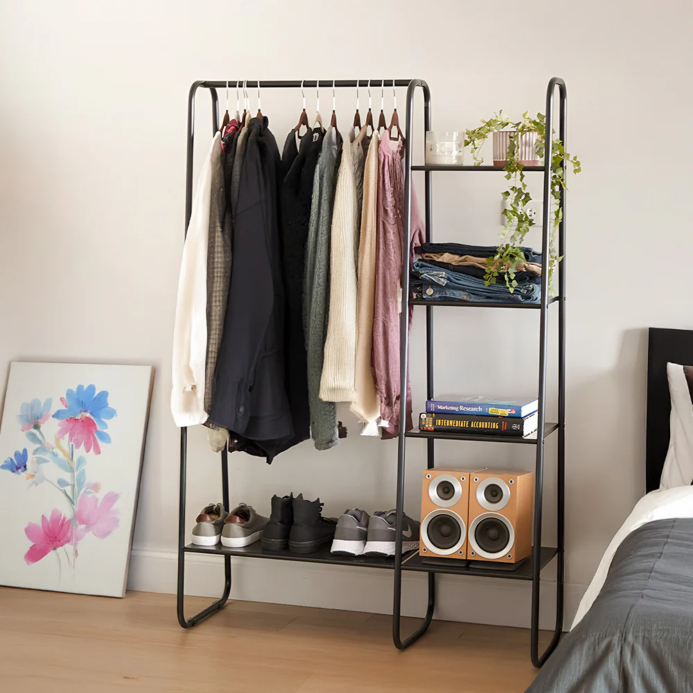 Lifeideas Metal Freestanding Garment Rack in Black with 1 Hanging Rod and 4 Shelves - Image 2