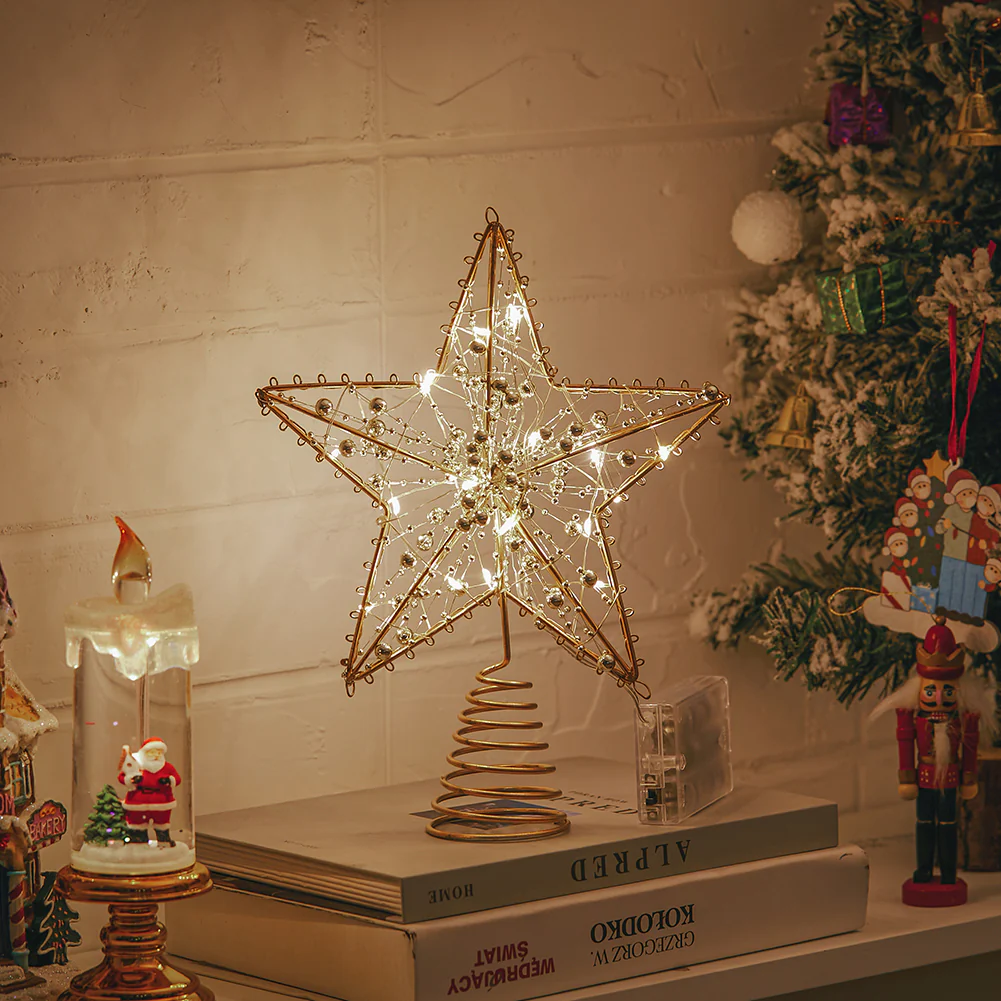 Lifeideas Modern Metal Pre-Lit Star Christmas Tree Topper With Beads - Image 2