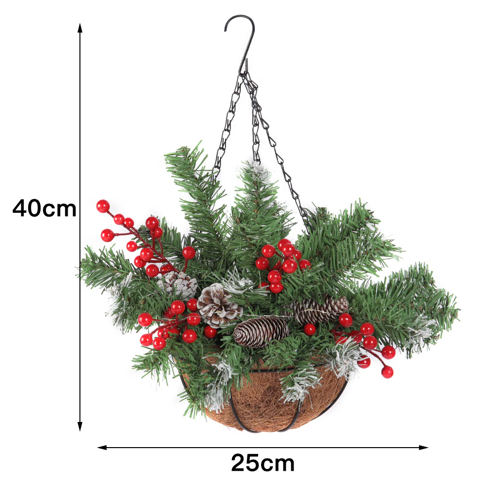 Lifeideas Pre-Lit Artificial Christmas Hanging Basket with Frosted Pine Cones - Image 2