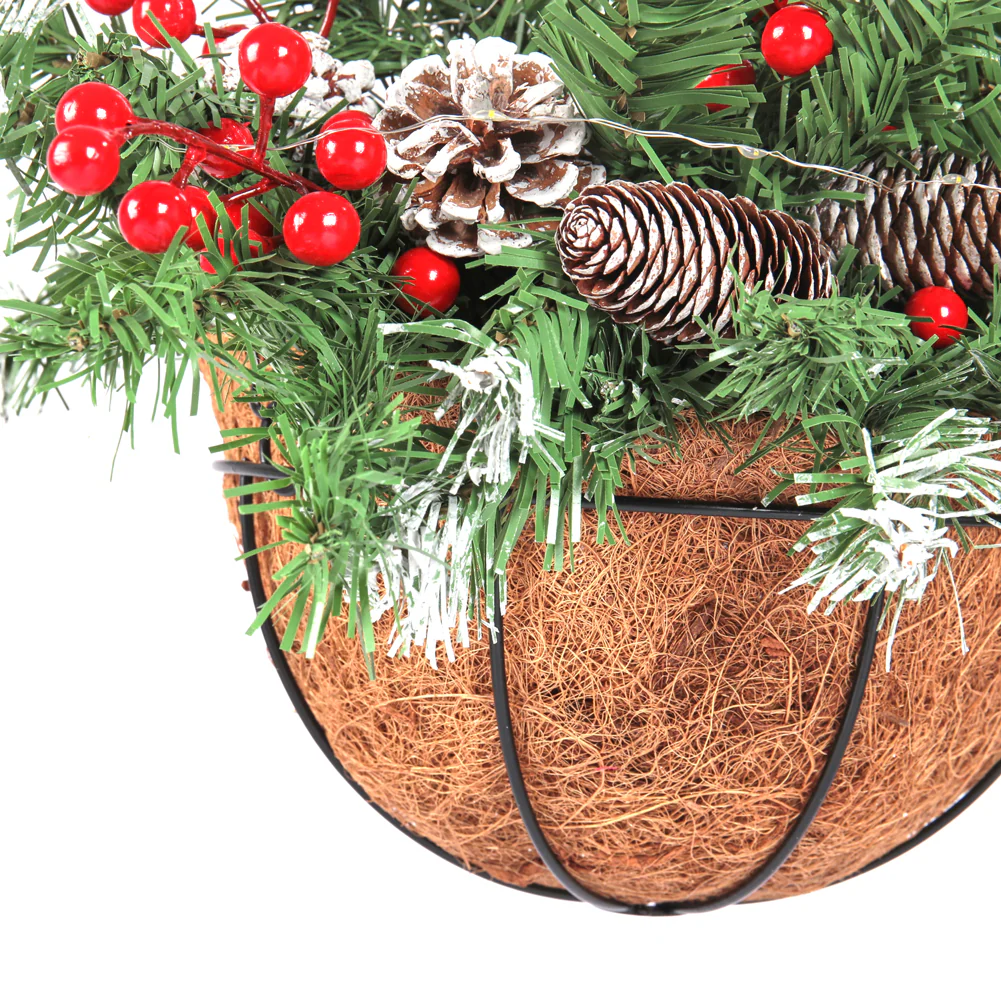 Lifeideas Pre-Lit Artificial Christmas Hanging Basket with Frosted Pine Cones - Image 5