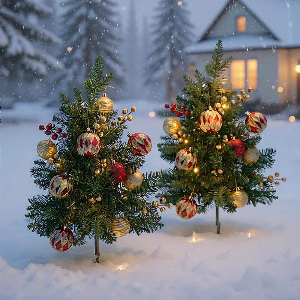 Lifeideas Set of 2 Pre-Lit Artificial Christmas Trees with Tripod Stakes - Image 2