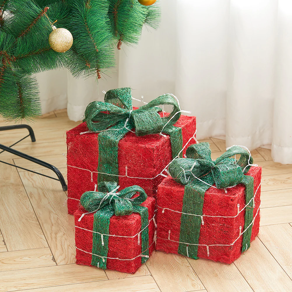 Lifeideas Set of 3 Light-Up Square Christmas Gift Boxes Glitter Presents Decoration - Image 2
