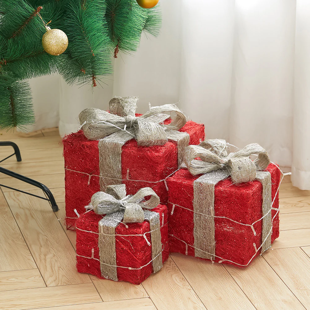 Lifeideas Set of 3 Light-Up Square Christmas Gift Boxes Glitter Presents Decoration - Image 2