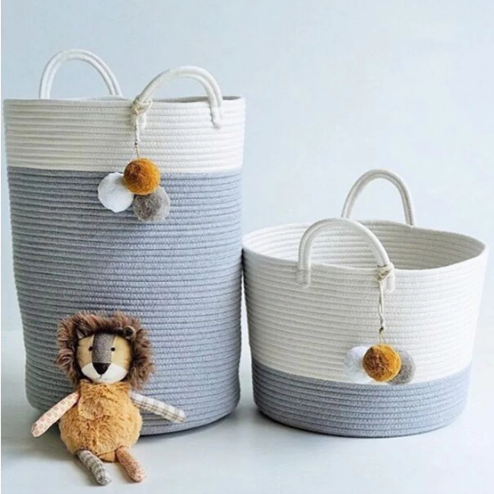 Lifeideas Woven Basket Baby Kids Toys Storage Clothes Hamper Laundry Basket With Pom Poms Grey - Image 2