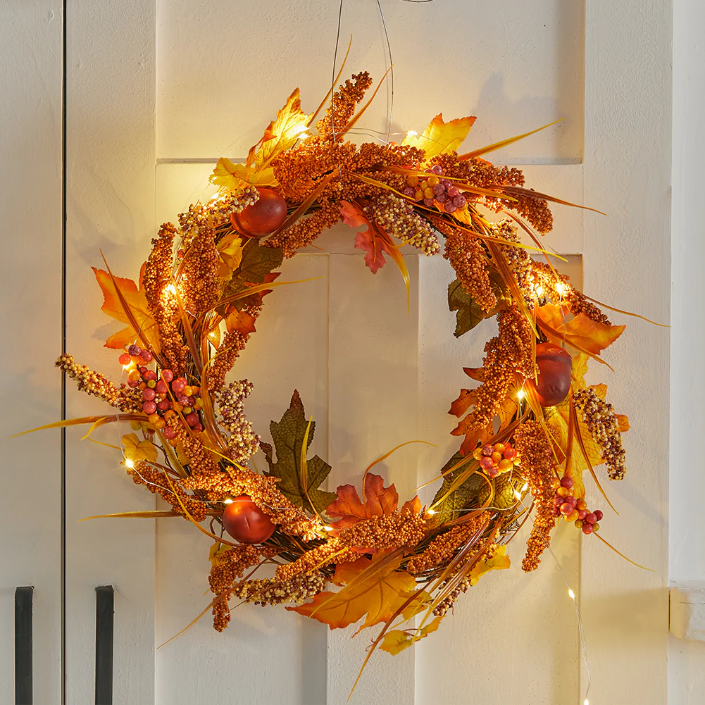 Lighted Artificial Sorghum Fall Wreath - Image 2