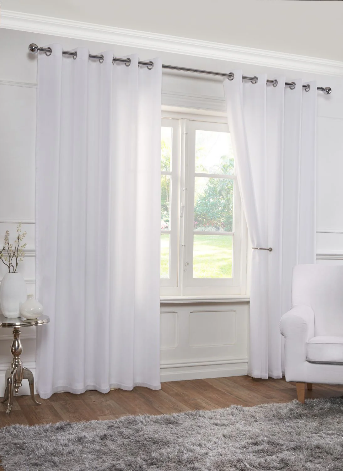 Lined Eyelet Voile Curtain Pair in White 46x54