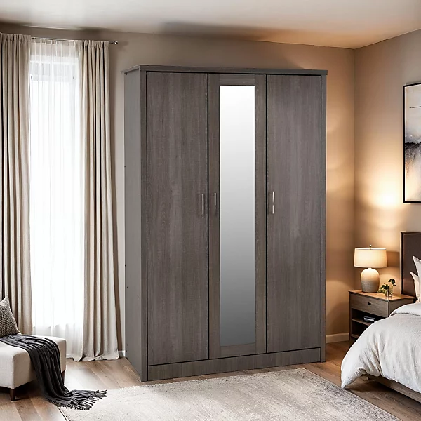 LISBON 3 DOOR MIRRORED WARDROBE - BLACK WOOD GRAIN - Image 7