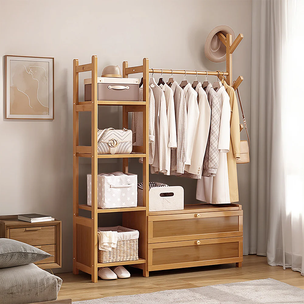Livingandhome 101cm Multi-functional Wooden Coat Rack with Storage Drawers - Image 3
