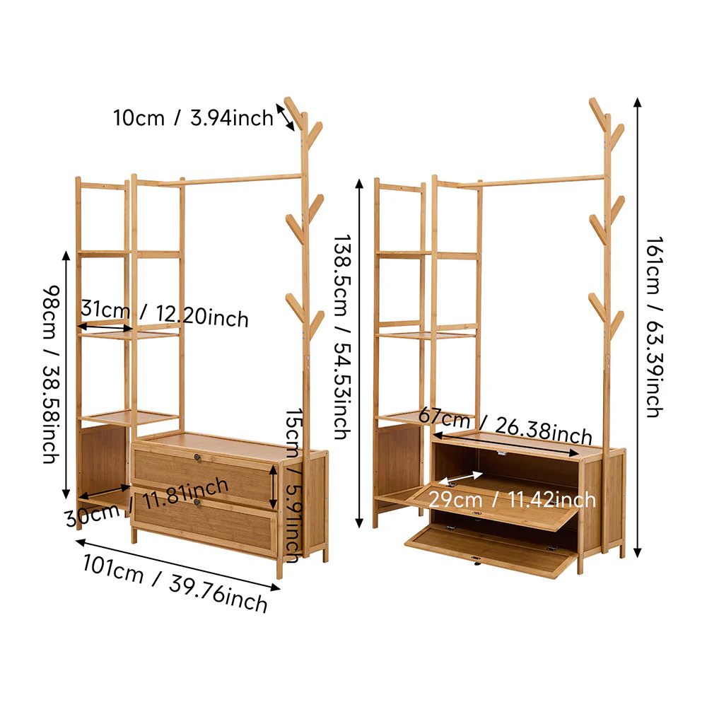 Livingandhome 101cm Multi-functional Wooden Coat Rack with Storage Drawers - Image 7