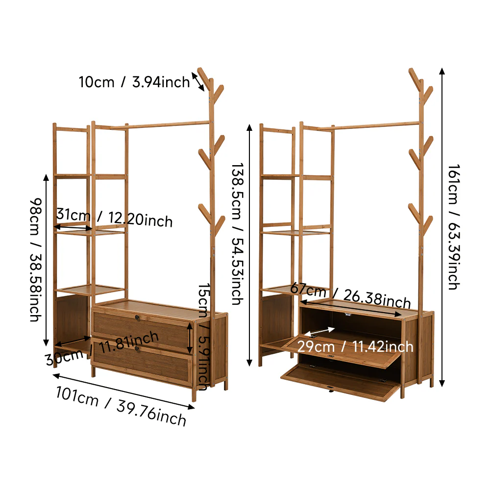 Livingandhome 101cm Multi-functional Wooden Coat Rack with Storage Drawers - Image 7